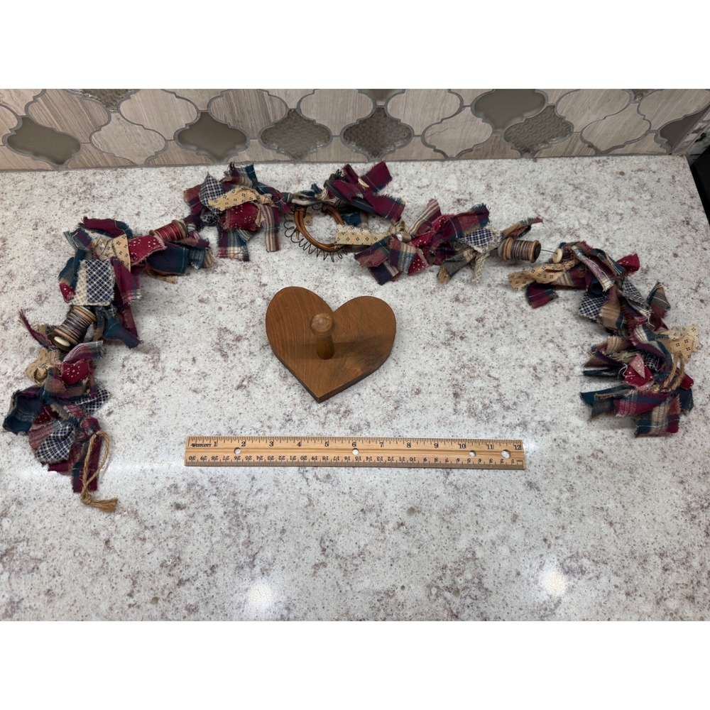 Primitive Country Fabric Rag Garland with Wooden Spools & Heart Wall Hook Set